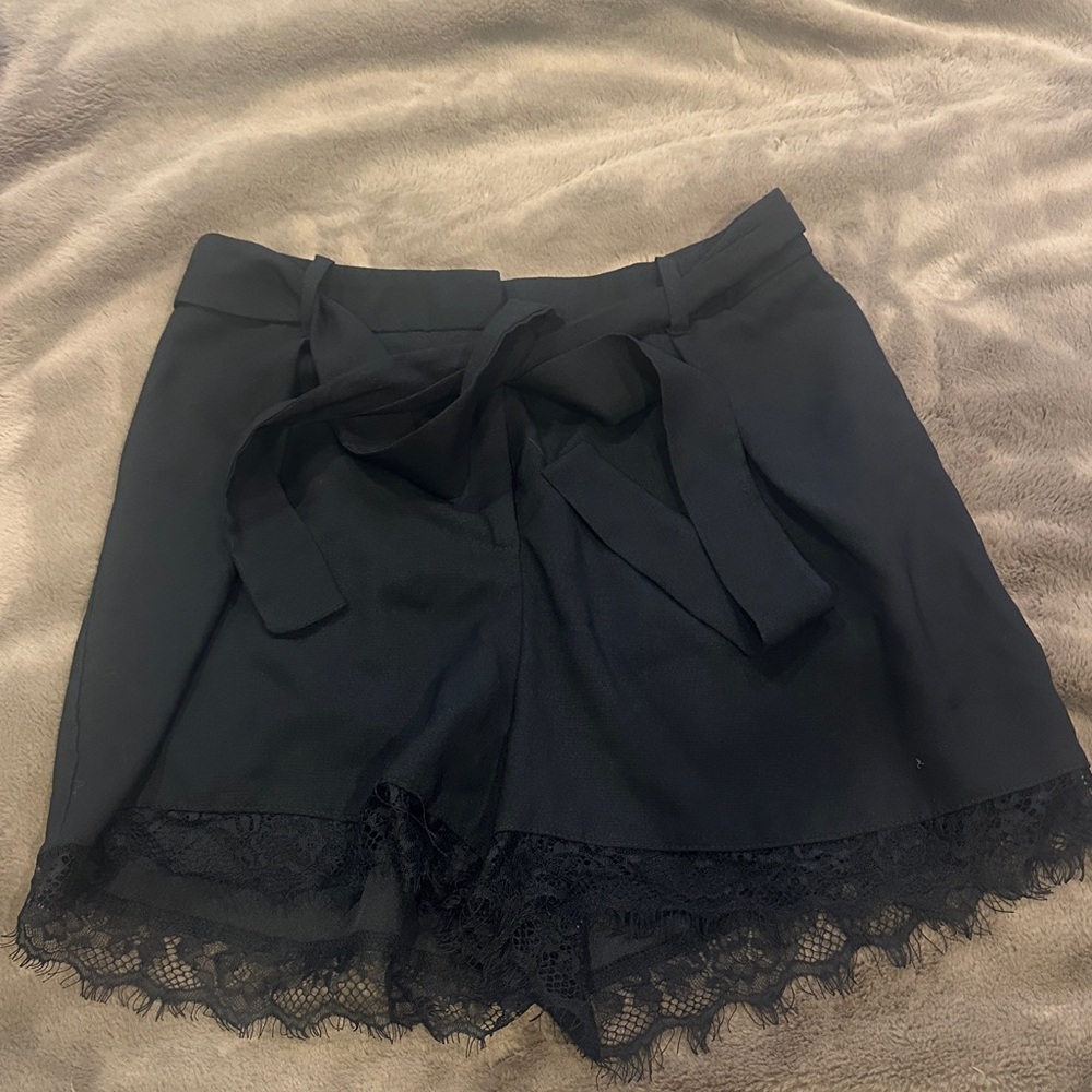 All Saints Black High-Waist Lace-Hem Shorts with Self-Tie